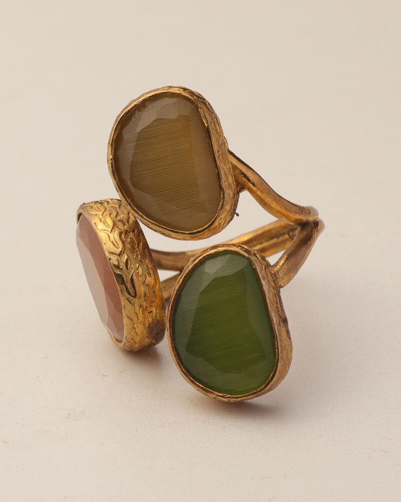 Green and Purple Statement Ring, 22K Gold-Plated Adjustable Fit immagine 9