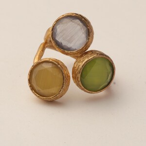 Statement Ring, Butterscotch and Olive Ring, Bold Ring, Cocktail Ring, 22K Gold-Plated Three Stone Ring, Chunky Ring image 8