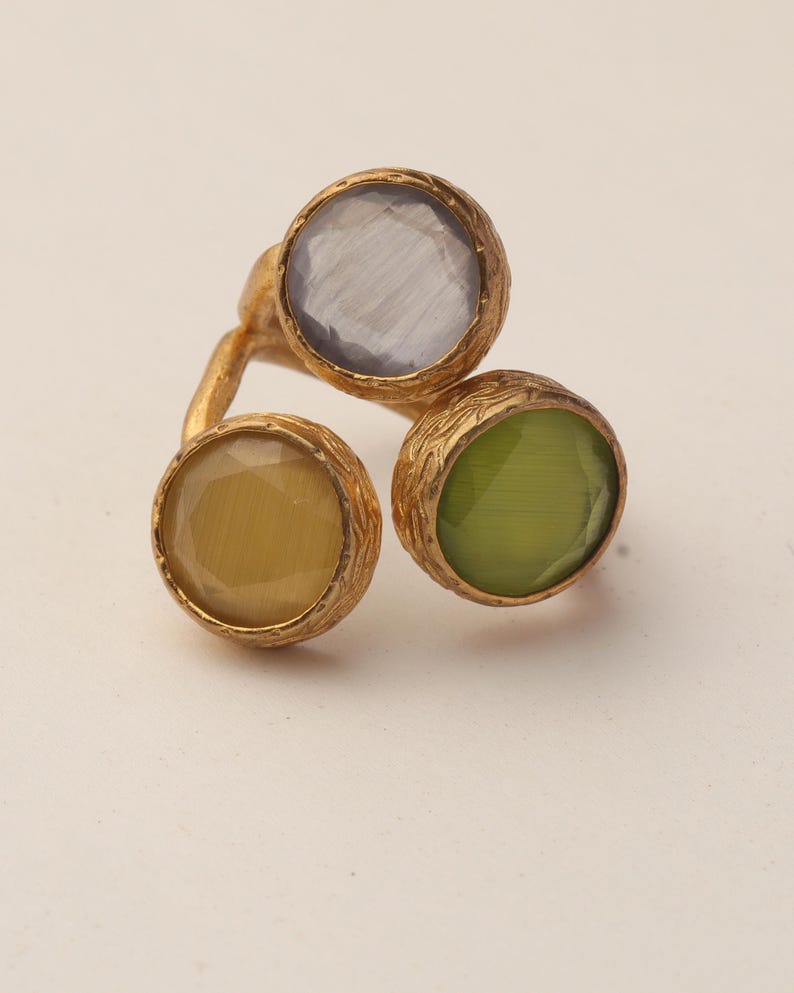 Statement Ring, Butterscotch and Olive Ring, Bold Ring, Cocktail Ring, 22K Gold-Plated Three Stone Ring, Chunky Ring image 8