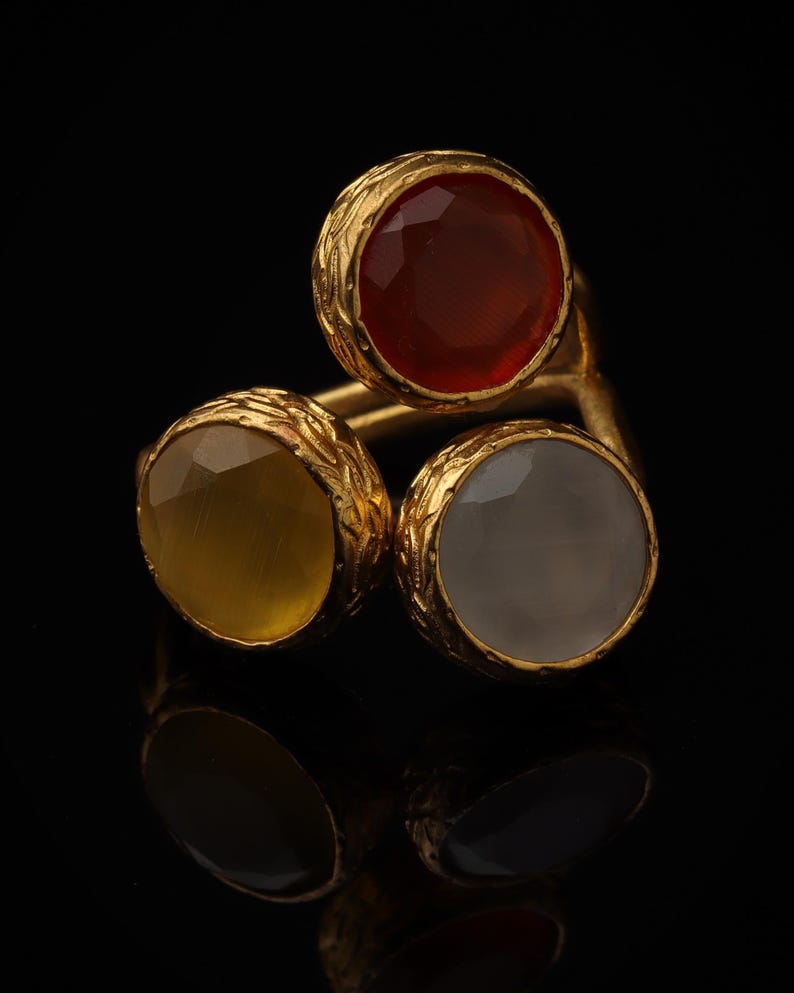 Brown and Yellow Cat Eye Ring, 22K Gold-Plated Adjustable Look image 3