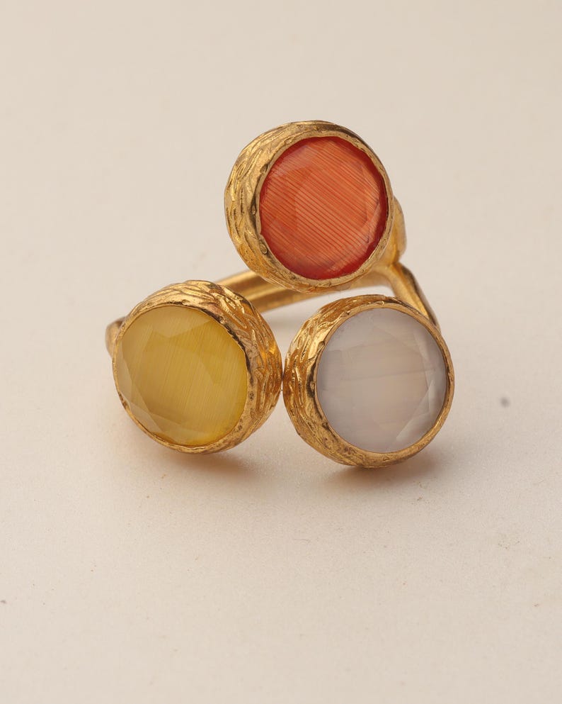 Brown and Yellow Cat Eye Ring, 22K Gold-Plated Adjustable Look image 6