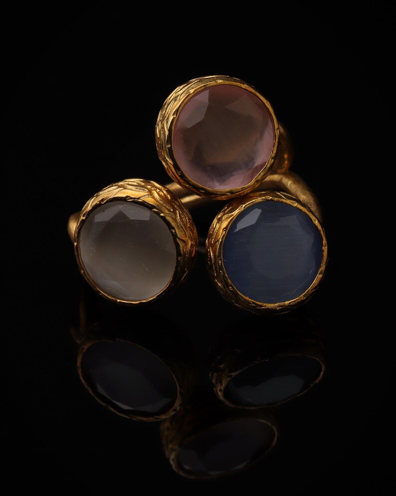 Pink and Grey Art Deco Ring, 22K Gold-Plated Adjustable Piece 画像 3