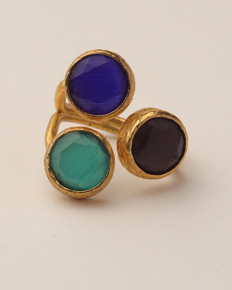Colorful Ring, Unique Ring, Boho Ring, Art Deco Ring, Cobalt and Forest Green Ring, 22K Gold-Plated Ring, Vintage Style Ring image 6