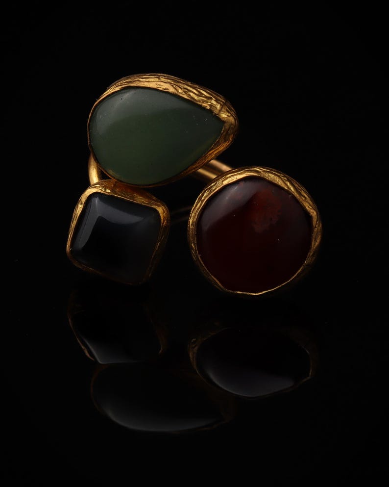 Sage Green and Burgundy Gothic Ring, 22K Gold-Plated Adjustable Style image 4