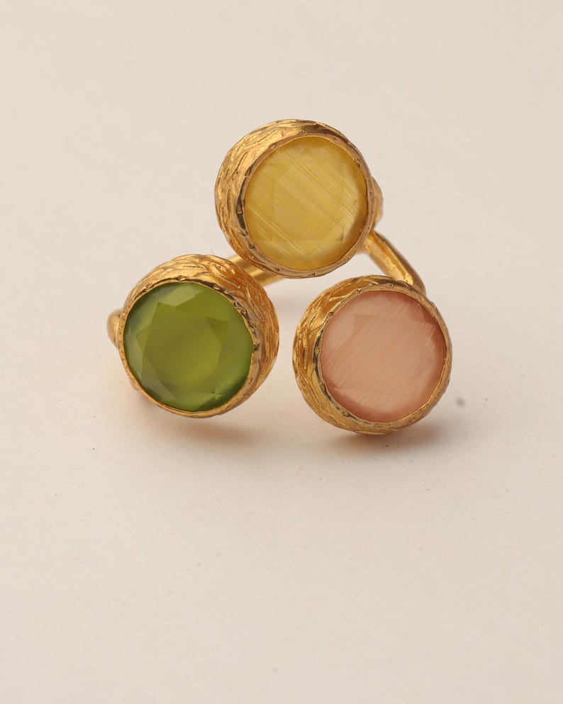 Orange and Green Statement Ring, 22K Gold-Plated Adjustable Band image 6