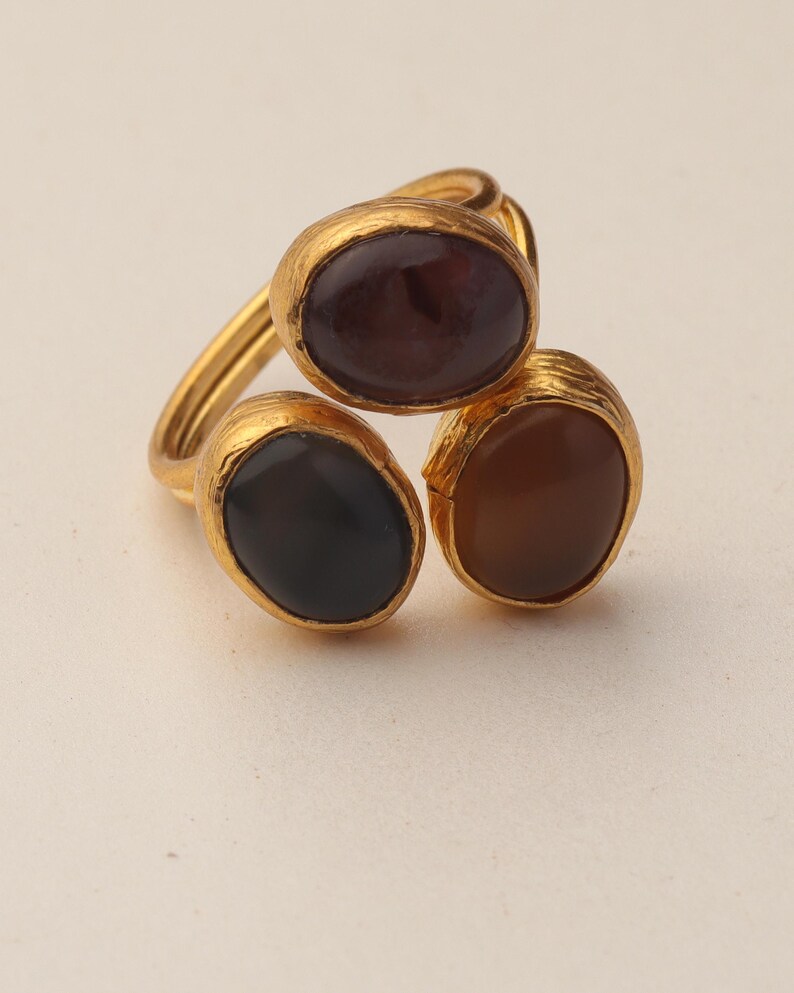 22K Gold-Plated Adjustable Ring, Boho Ring, Art Deco Ring, Storm Grey and Sable Ring, Statement Ring, Unique Ring image 7