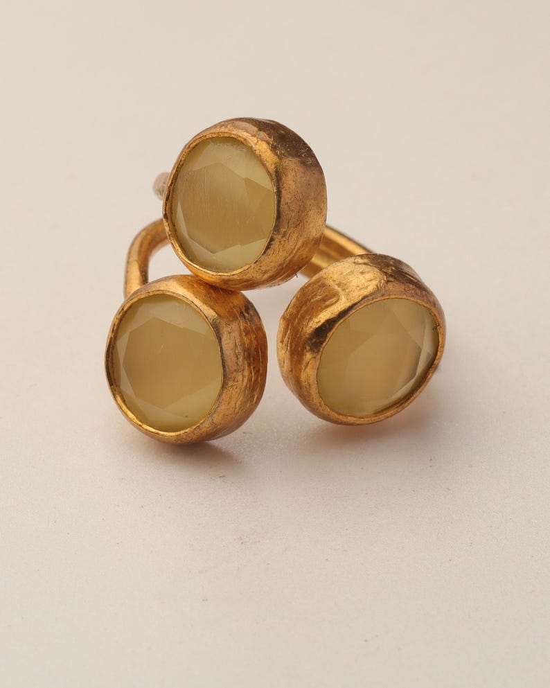 22K Gold-Plated Three Stone Ring, Cottagecore Ring, Whimsical Ring, Unique Ring, Ochre and Umber Ring, Colorful Ring image 6