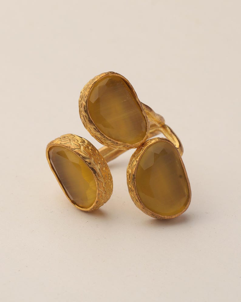 Yellow and Brown Cottagecore Ring, 22K Gold-Plated Adjustable Cluster image 9