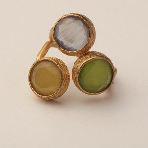 Statement Ring, Butterscotch and Olive Ring, Bold Ring, Cocktail Ring, 22K Gold-Plated Three Stone Ring, Chunky Ring image 6