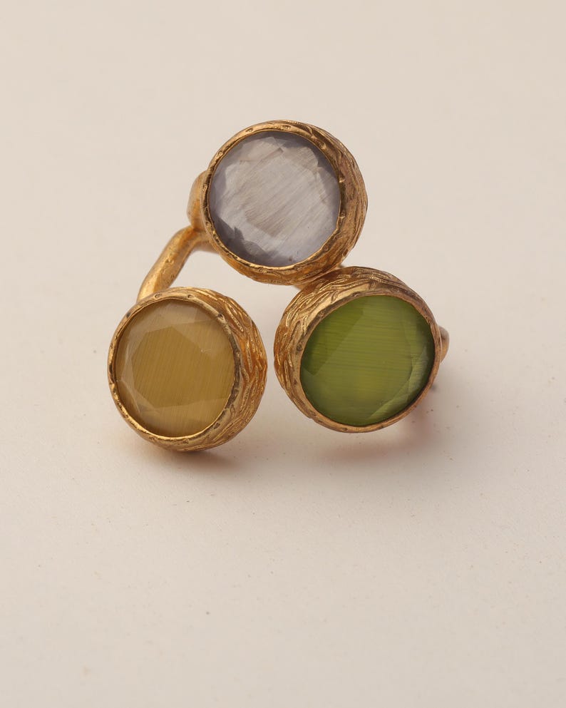 Statement Ring, Butterscotch and Olive Ring, Bold Ring, Cocktail Ring, 22K Gold-Plated Three Stone Ring, Chunky Ring image 6