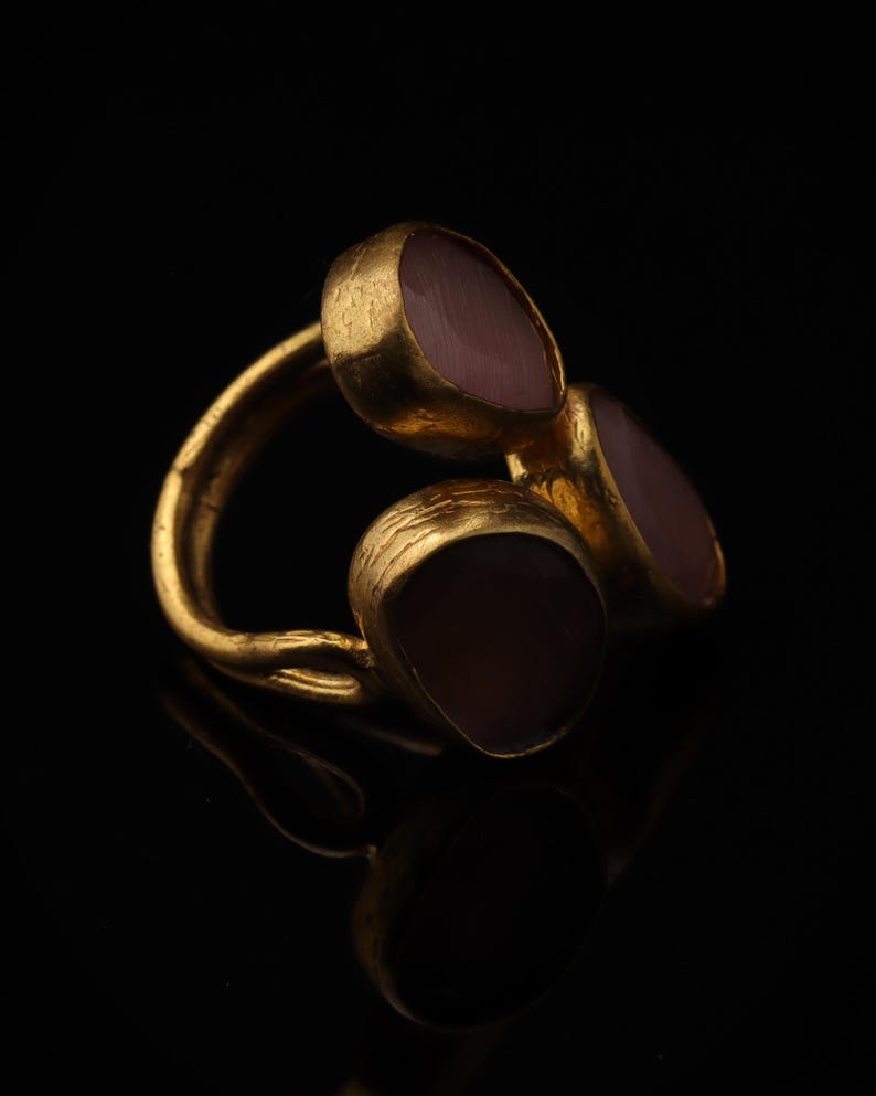 22K Gold-Plated Three Stone Ring, Cocktail Ring, Statement Ring, Heather Pink and Mulberry Ring, Chunky Ring, Gothic Ring image 2
