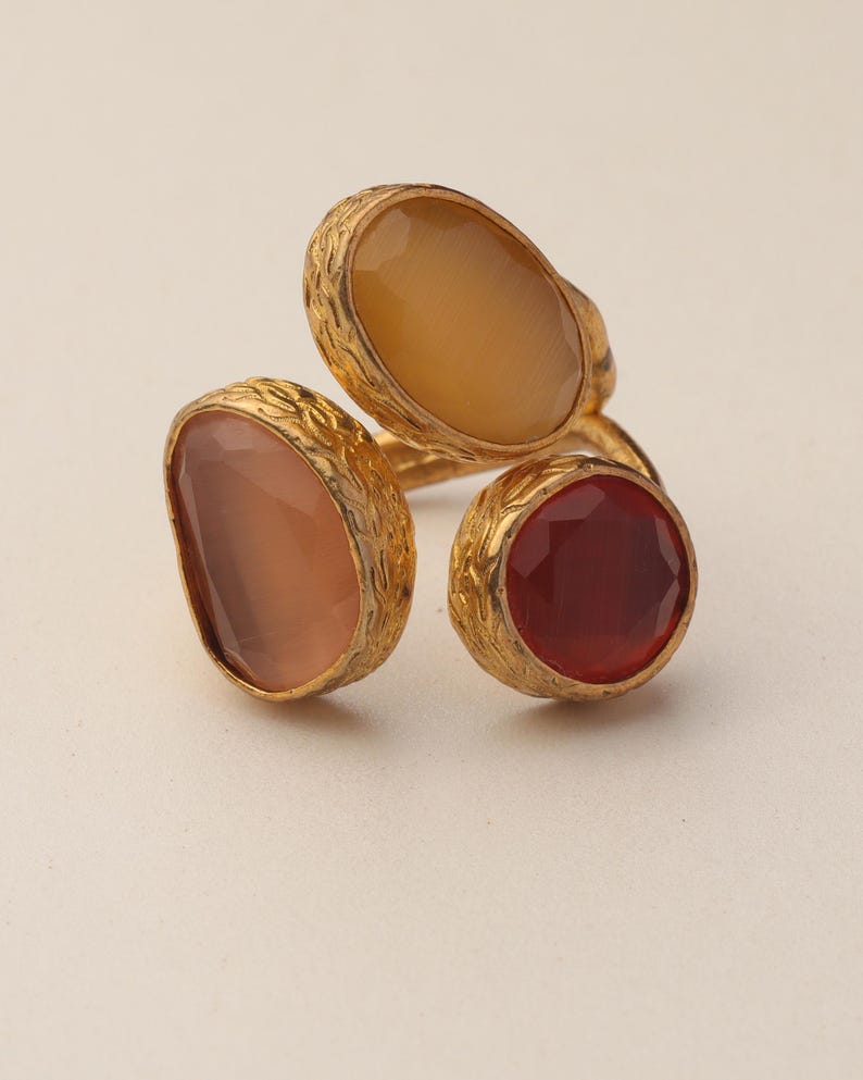 Red and Brown Cocktail Ring, 22K Gold-Plated Boho Band image 6