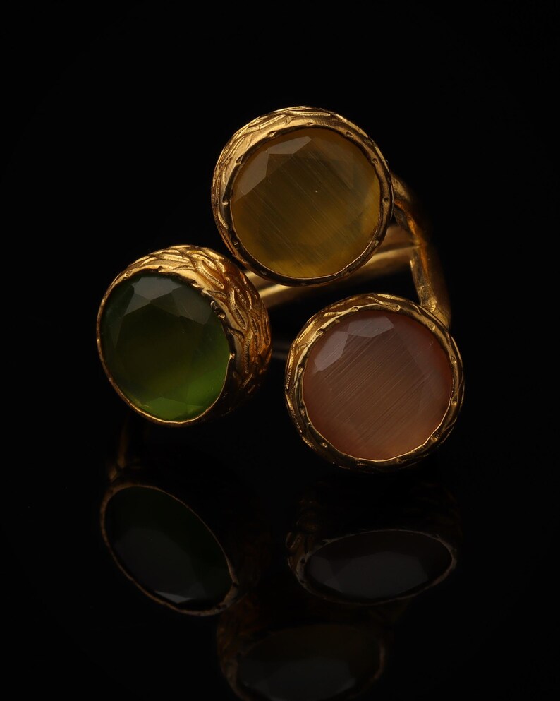 Orange and Green Statement Ring, 22K Gold-Plated Adjustable Band image 4