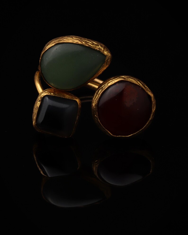 Sage Green and Burgundy Gothic Ring, 22K Gold-Plated Adjustable Style image 3