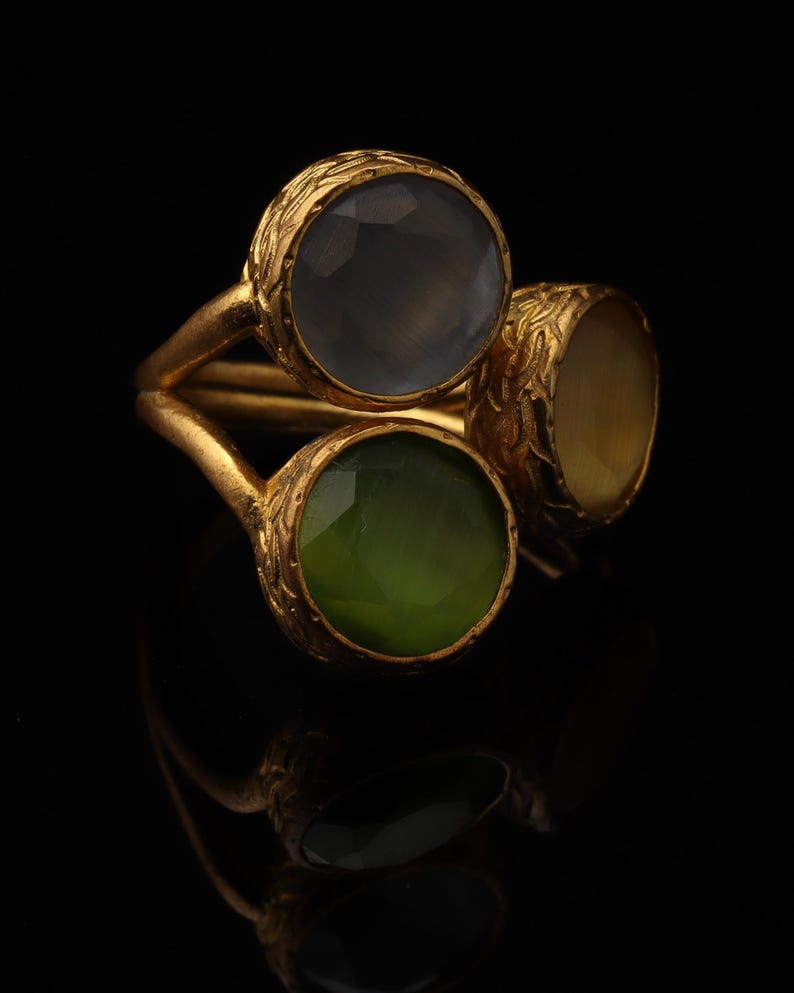 Grey and Green Cluster Ring, 22K Gold-Plated Adjustable Design image 2