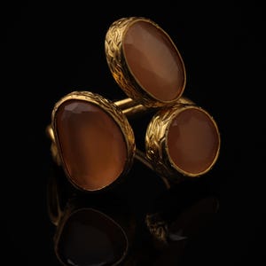 22K Gold-Plated Three Stone Ring, Turkish Ring, Terracotta and Blush Pink Ring, Chunky Ring, Ornate Ring, Maximalist Jewelry image 1