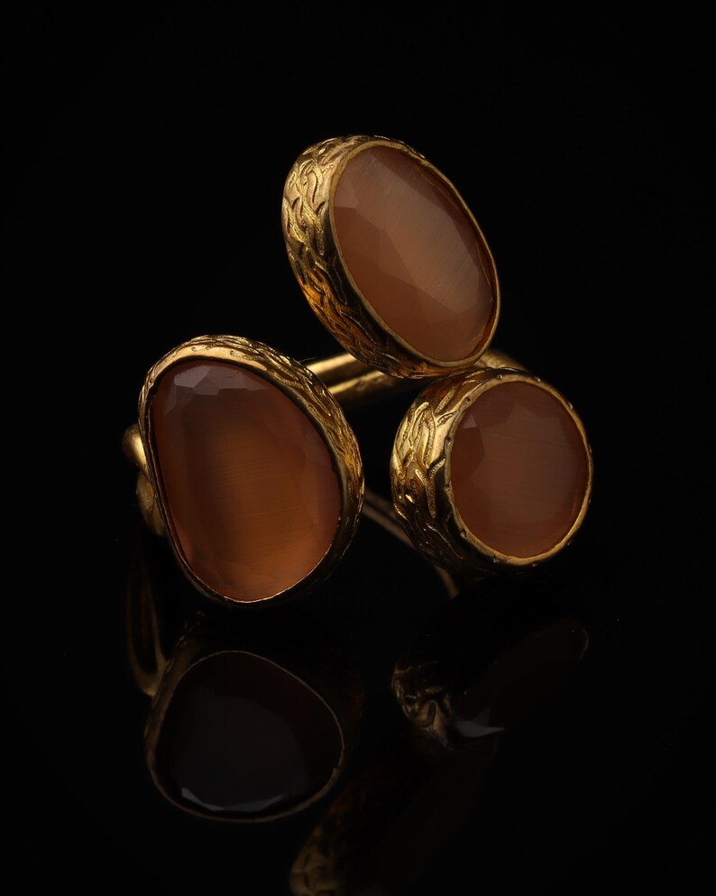 22K Gold-Plated Three Stone Ring, Turkish Ring, Terracotta and Blush Pink Ring, Chunky Ring, Ornate Ring, Maximalist Jewelry image 1