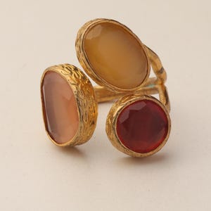 Red and Brown Cocktail Ring, 22K Gold-Plated Boho Band image 8