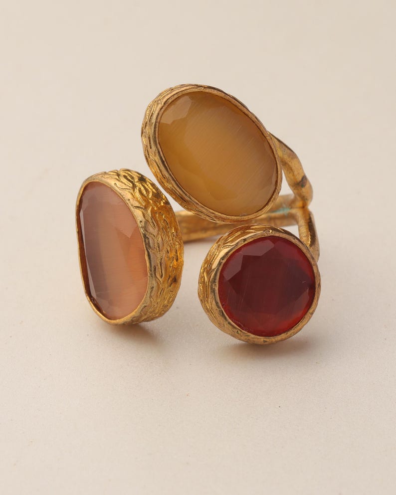 Red and Brown Cocktail Ring, 22K Gold-Plated Boho Band image 8