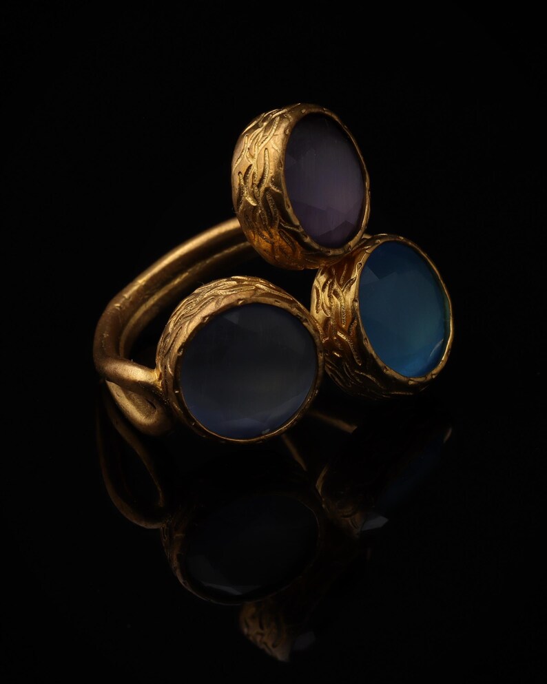 Cottagecore Ring, 22K Gold-Plated Ring, Denim Blue and Navy Ring, Turkish Ring, Ornate Ring, Art Deco Ring, Vintage Ring image 2