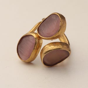 22K Gold-Plated Three Stone Ring, Cocktail Ring, Statement Ring, Heather Pink and Mulberry Ring, Chunky Ring, Gothic Ring image 8