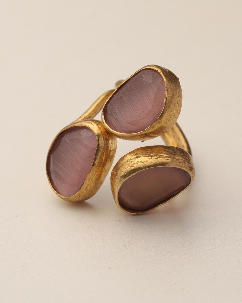 22K Gold-Plated Three Stone Ring, Cocktail Ring, Statement Ring, Heather Pink and Mulberry Ring, Chunky Ring, Gothic Ring image 8