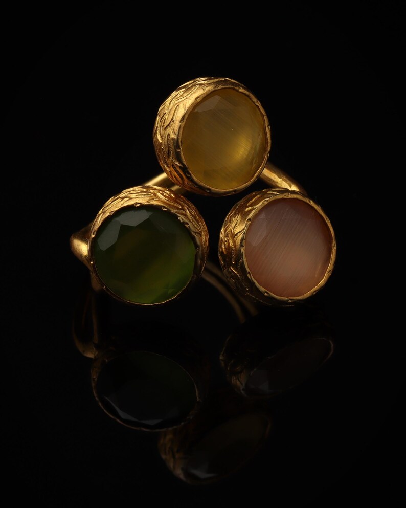 Orange and Green Statement Ring, 22K Gold-Plated Adjustable Band image 1