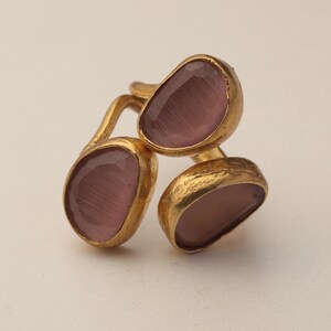22K Gold-Plated Three Stone Ring, Cocktail Ring, Statement Ring, Heather Pink and Mulberry Ring, Chunky Ring, Gothic Ring image 6
