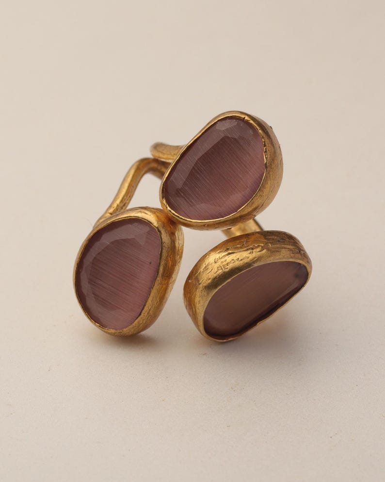 22K Gold-Plated Three Stone Ring, Cocktail Ring, Statement Ring, Heather Pink and Mulberry Ring, Chunky Ring, Gothic Ring image 6