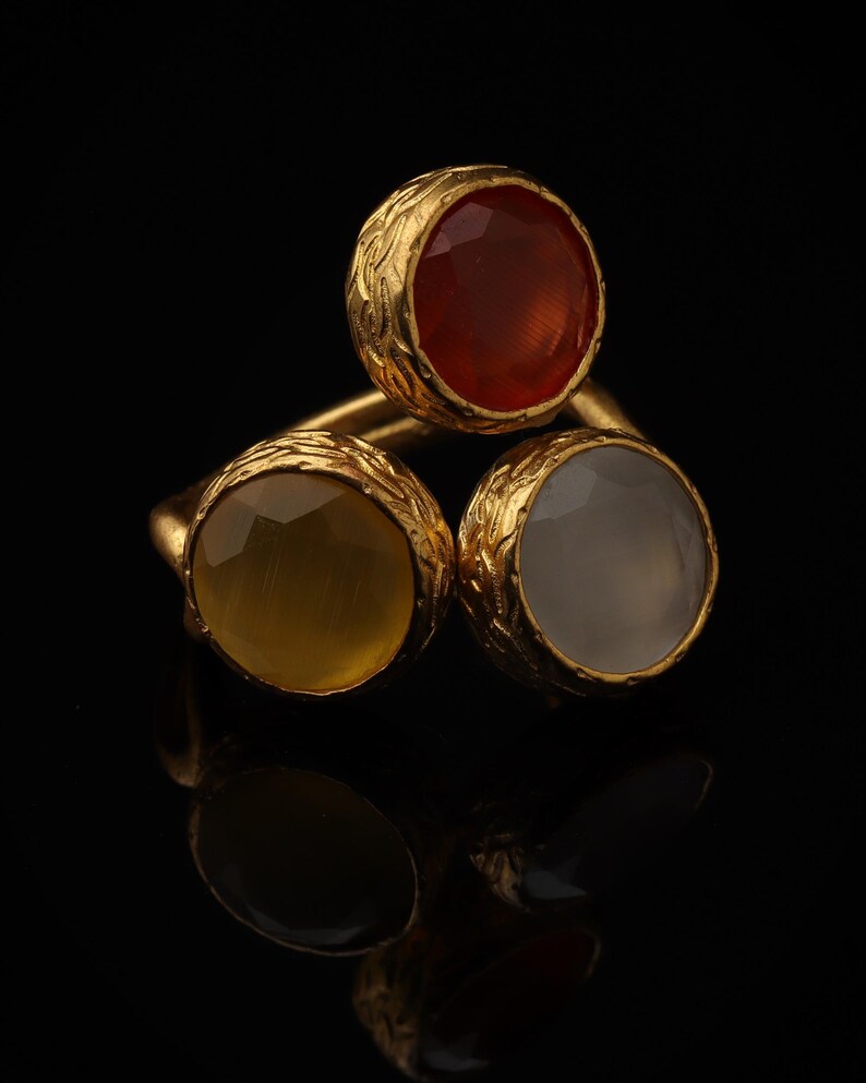 Brown and Yellow Cat Eye Ring, 22K Gold-Plated Adjustable Look image 1