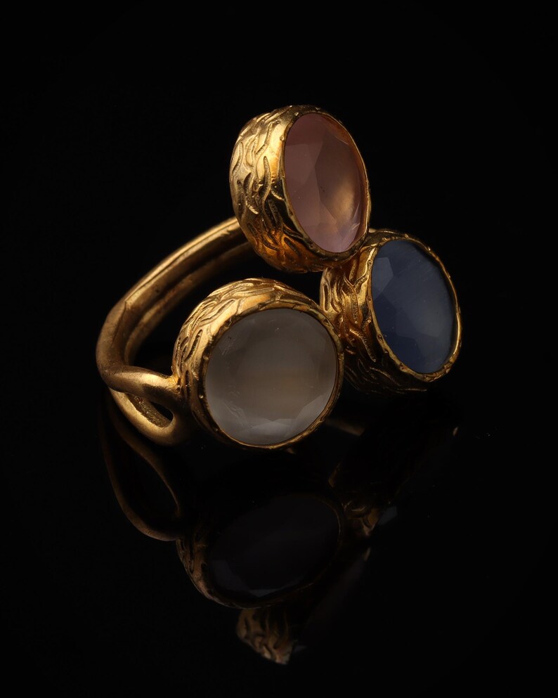 Pink and Grey Art Deco Ring, 22K Gold-Plated Adjustable Piece 画像 2