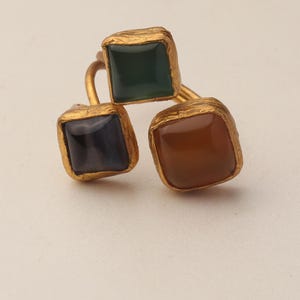 Orange and Green Boho Ring, 22K Gold-Plated Art Nouveau Band image 6