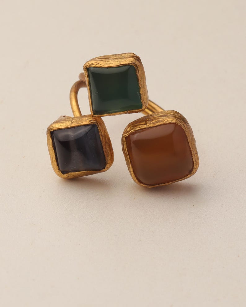 Orange and Green Boho Ring, 22K Gold-Plated Art Nouveau Band image 6