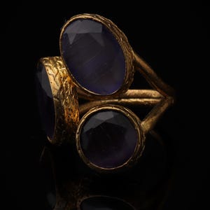 Purple Three Stone Ring, 22K Gold-Plated Adjustable Setting image 5