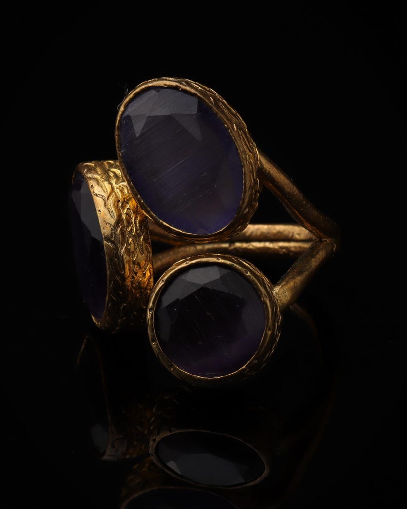 Purple Three Stone Ring, 22K Gold-Plated Adjustable Setting image 5