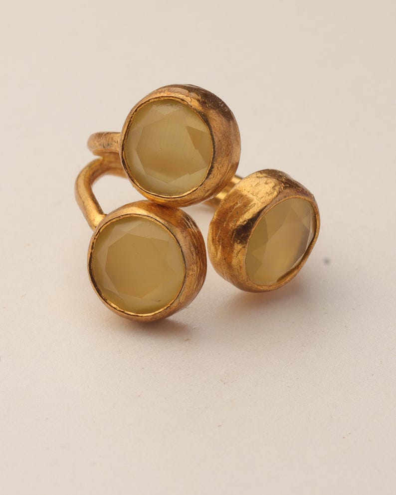 22K Gold-Plated Three Stone Ring, Cottagecore Ring, Whimsical Ring, Unique Ring, Ochre and Umber Ring, Colorful Ring image 7