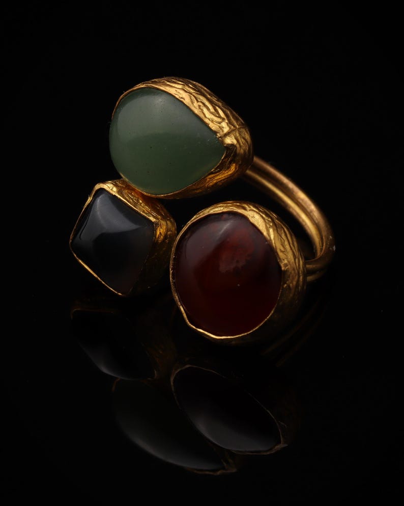 Sage Green and Burgundy Gothic Ring, 22K Gold-Plated Adjustable Style image 5
