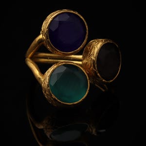 Colorful Ring, Unique Ring, Boho Ring, Art Deco Ring, Cobalt and Forest Green Ring, 22K Gold-Plated Ring, Vintage Style Ring image 2