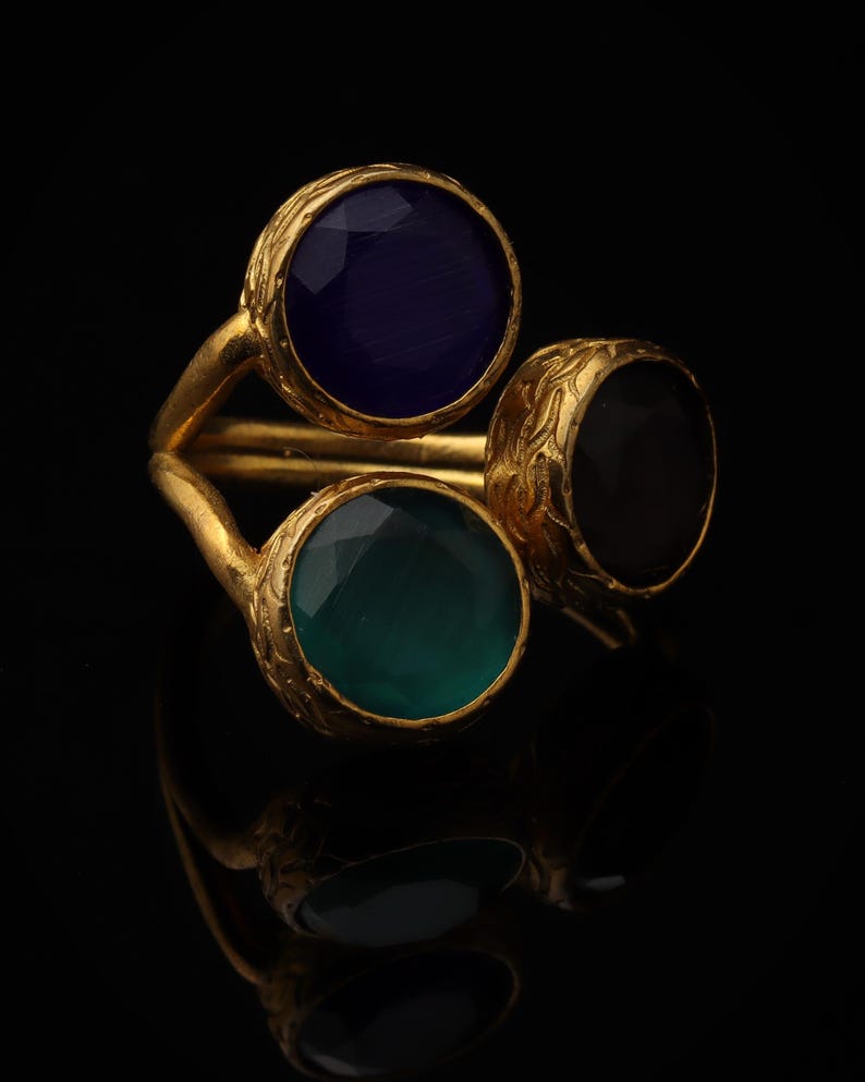 Colorful Ring, Unique Ring, Boho Ring, Art Deco Ring, Cobalt and Forest Green Ring, 22K Gold-Plated Ring, Vintage Style Ring image 2