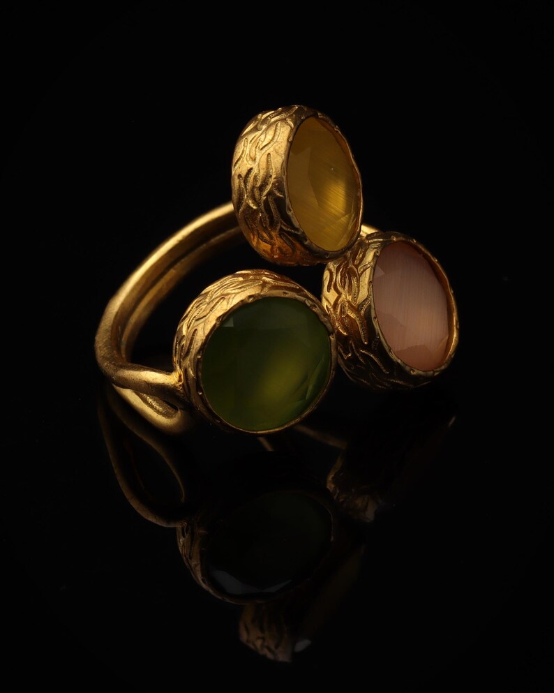 Orange and Green Statement Ring, 22K Gold-Plated Adjustable Band image 2