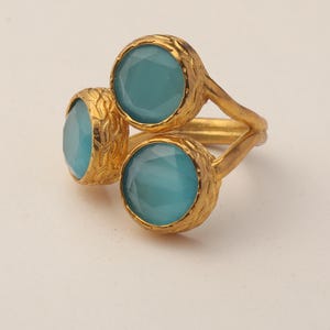 Colorful Ring, Teal and Sea Green Ring, Boho Ring, Cluster Ring, 22K Gold-Plated Ring, Art Deco Ring, Cat Eye Ring image 9
