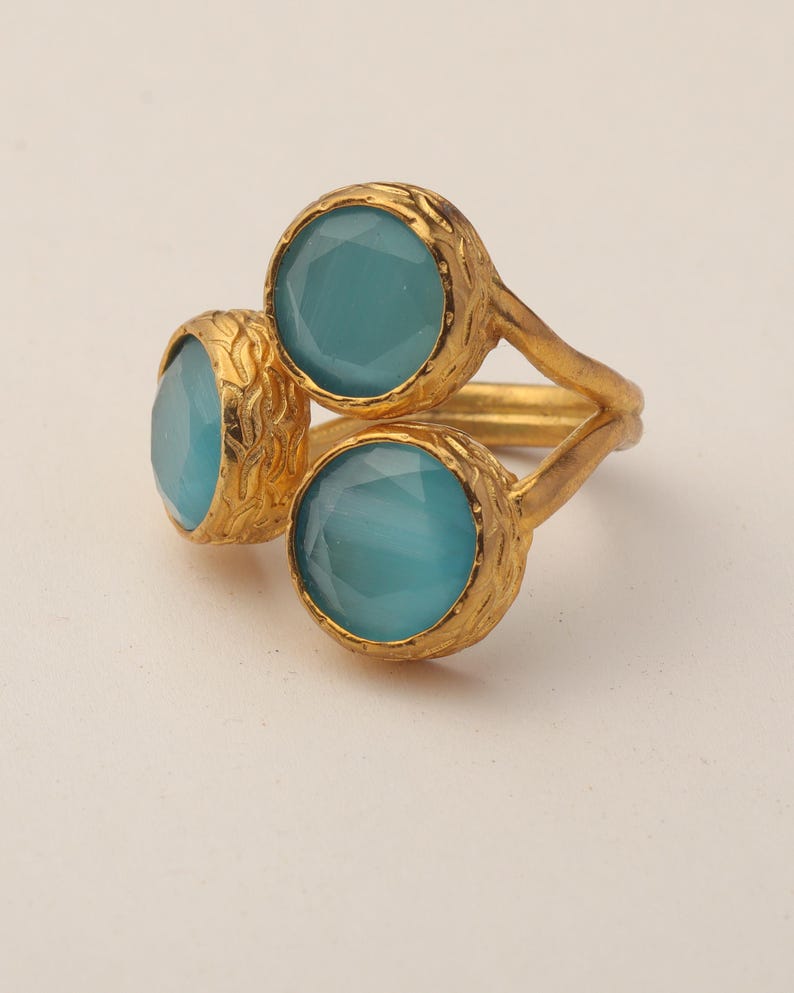 Colorful Ring, Teal and Sea Green Ring, Boho Ring, Cluster Ring, 22K Gold-Plated Ring, Art Deco Ring, Cat Eye Ring image 9