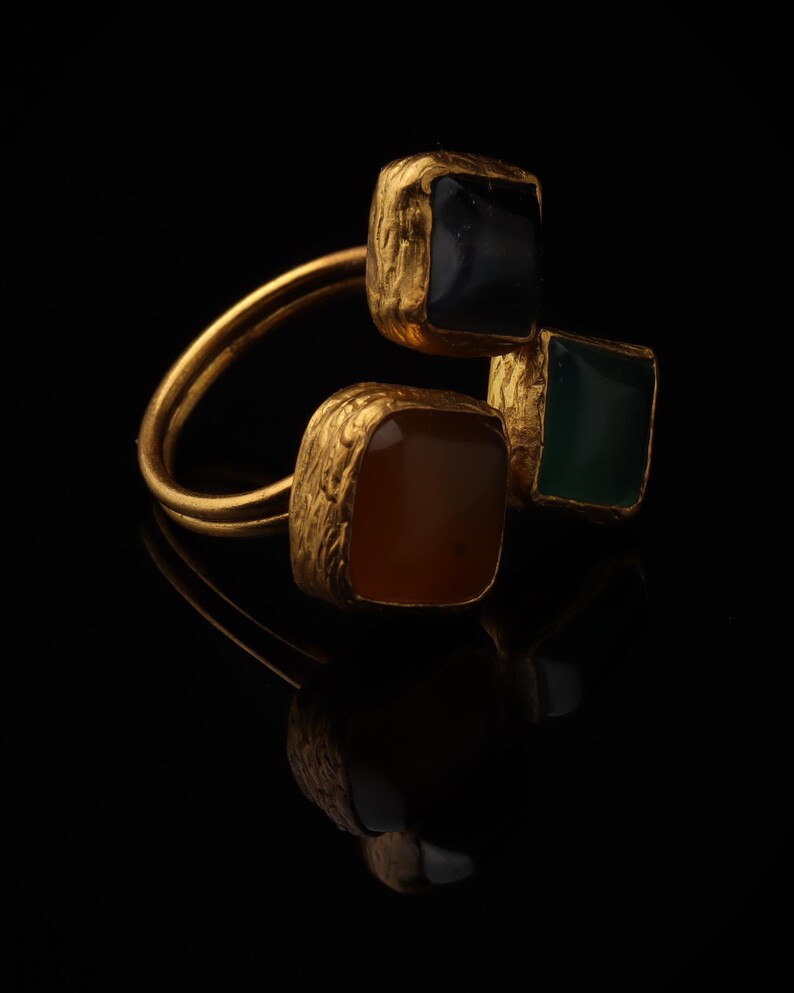 Orange and Green Boho Ring, 22K Gold-Plated Art Nouveau Band image 2