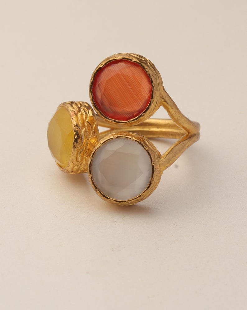 Brown and Yellow Cat Eye Ring, 22K Gold-Plated Adjustable Look image 9