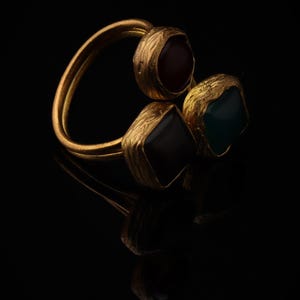 Red and Teal Adjustable Ring, 22K Gold-Plated Statement Piece image 3