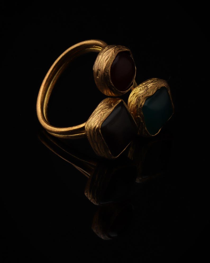 Red and Teal Adjustable Ring, 22K Gold-Plated Statement Piece image 3