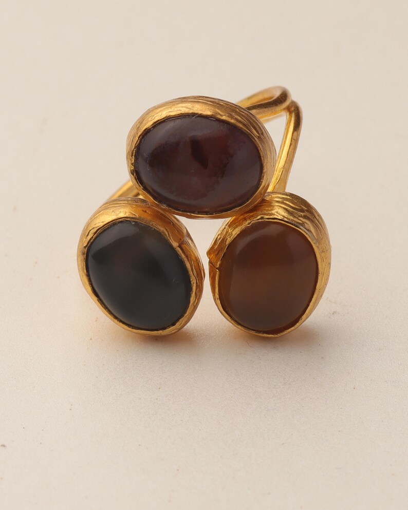 22K Gold-Plated Adjustable Ring, Boho Ring, Art Deco Ring, Storm Grey and Sable Ring, Statement Ring, Unique Ring image 6
