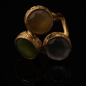 Statement Ring, Butterscotch and Olive Ring, Bold Ring, Cocktail Ring, 22K Gold-Plated Three Stone Ring, Chunky Ring image 4