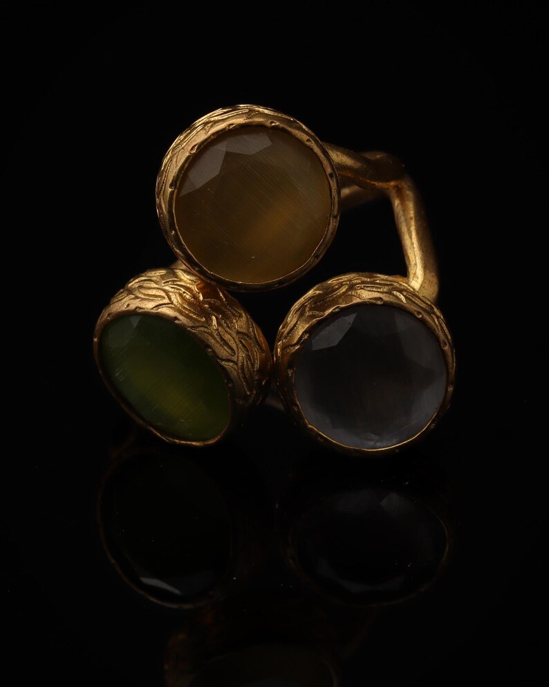 Statement Ring, Butterscotch and Olive Ring, Bold Ring, Cocktail Ring, 22K Gold-Plated Three Stone Ring, Chunky Ring image 4