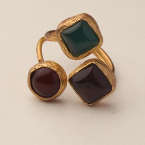 Red and Teal Adjustable Ring, 22K Gold-Plated Statement Piece image 6